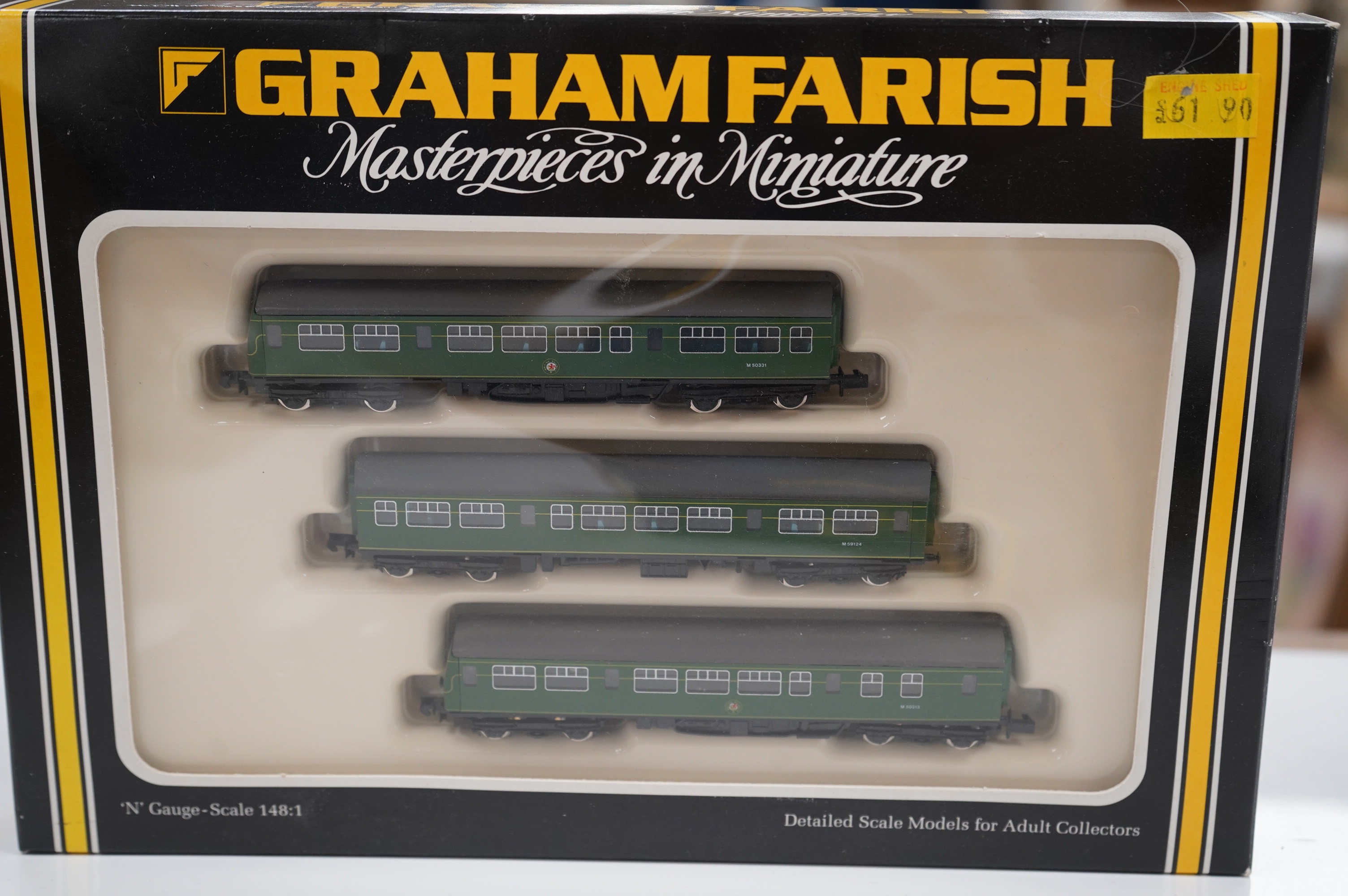 Three boxed Graham Farish N gauge railway BR locomotives; a Coronation Class 4-6-2 (1816), a Class 4MT 2-6-4T (1655), and a 3-car DMU (8143). Condition - good.